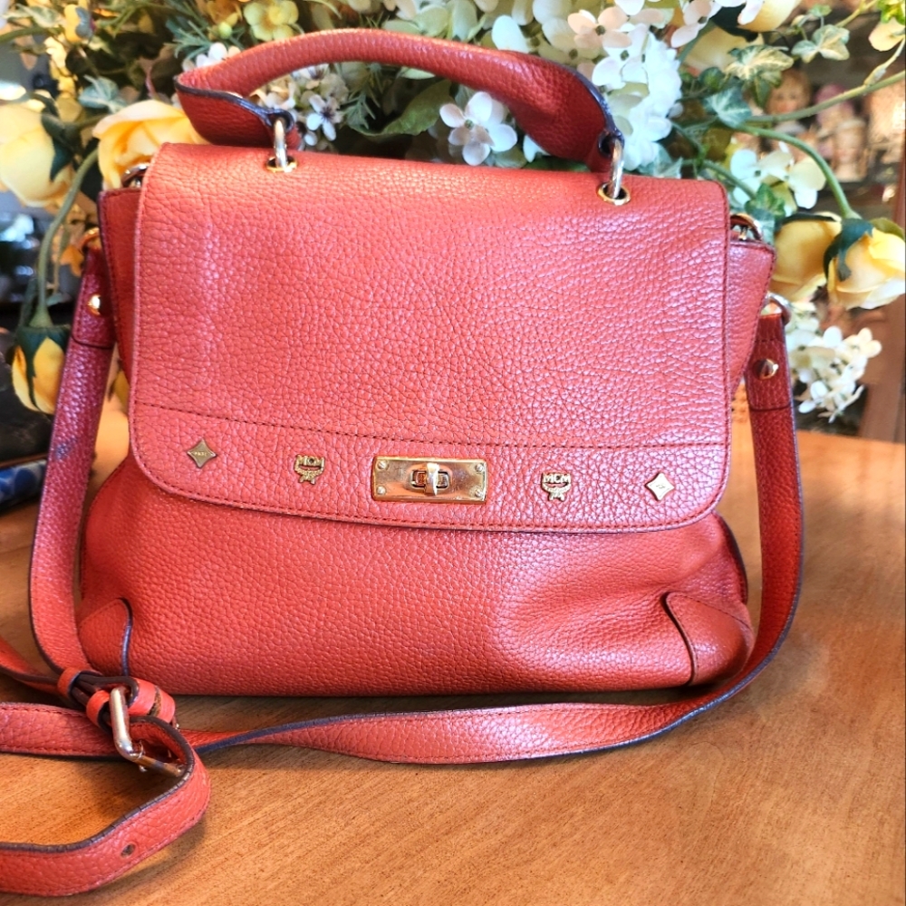 MCM Burnt Orange Pebbled Shoulder Bag.
